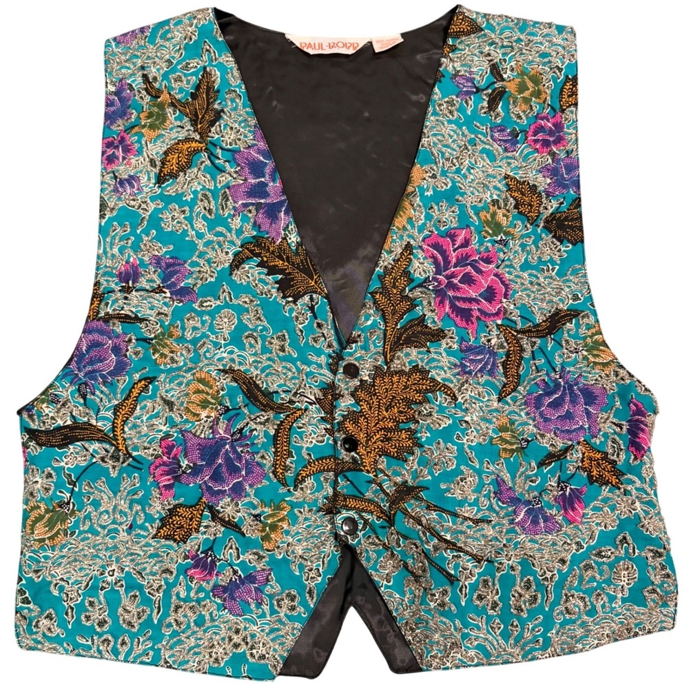 Vintage Paul Ropp Beaded Batik Floral Vest One Size Resort Art to Wear Festival